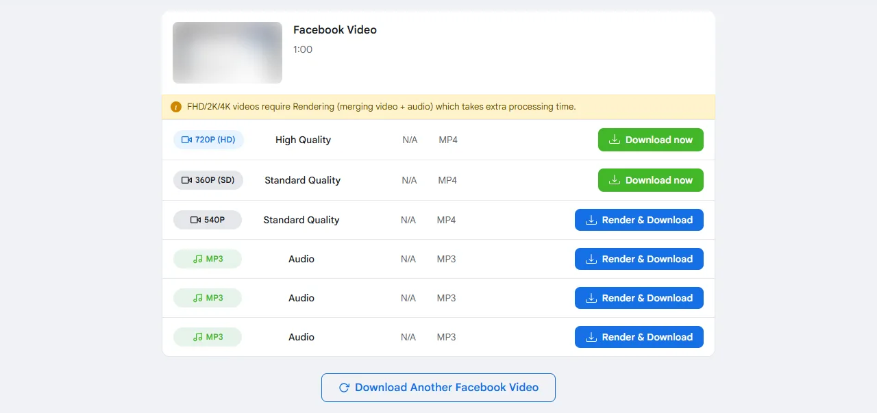 Download result on a computer showing MP4 as the format for each video quality and MP3 for audio