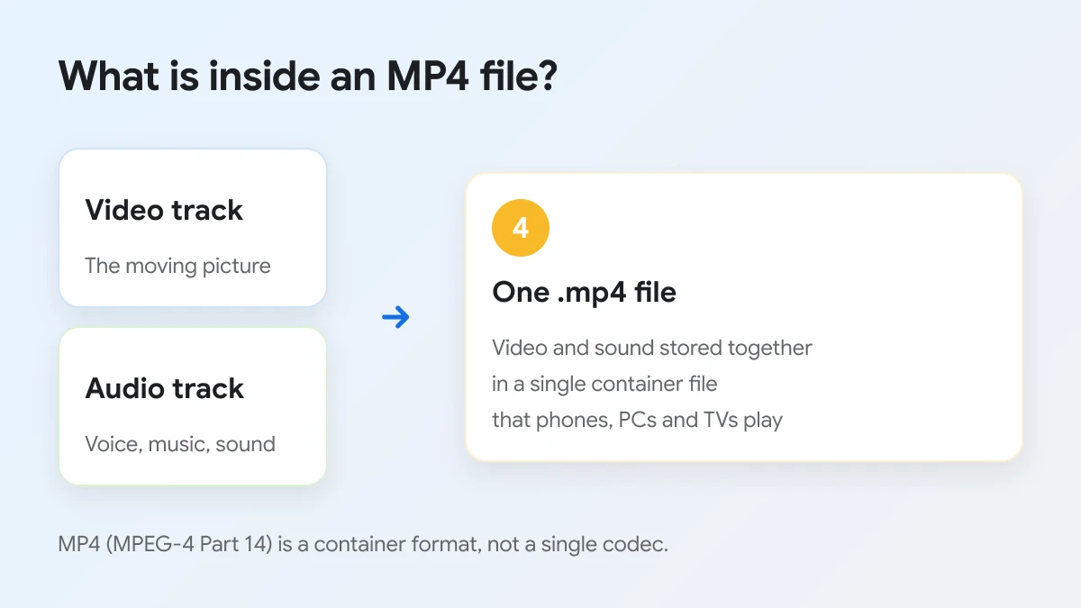 An MP4 file holds a video track and an audio track together in one container file
