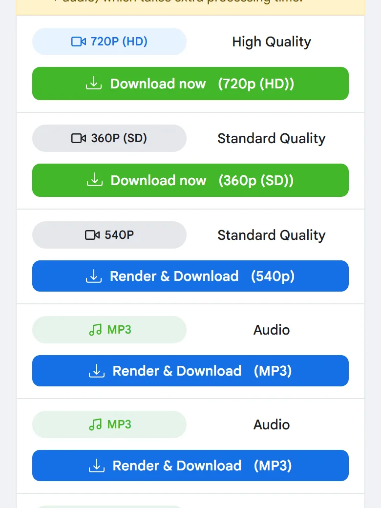 List of MP4 qualities for a Facebook video on a phone with Download now and Render & Download buttons