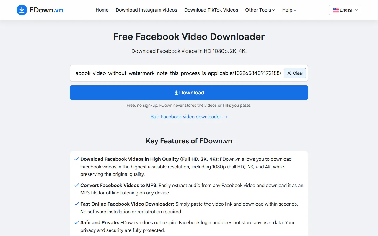 Facebook video link pasted into the downloader on a computer browser to save it as MP4