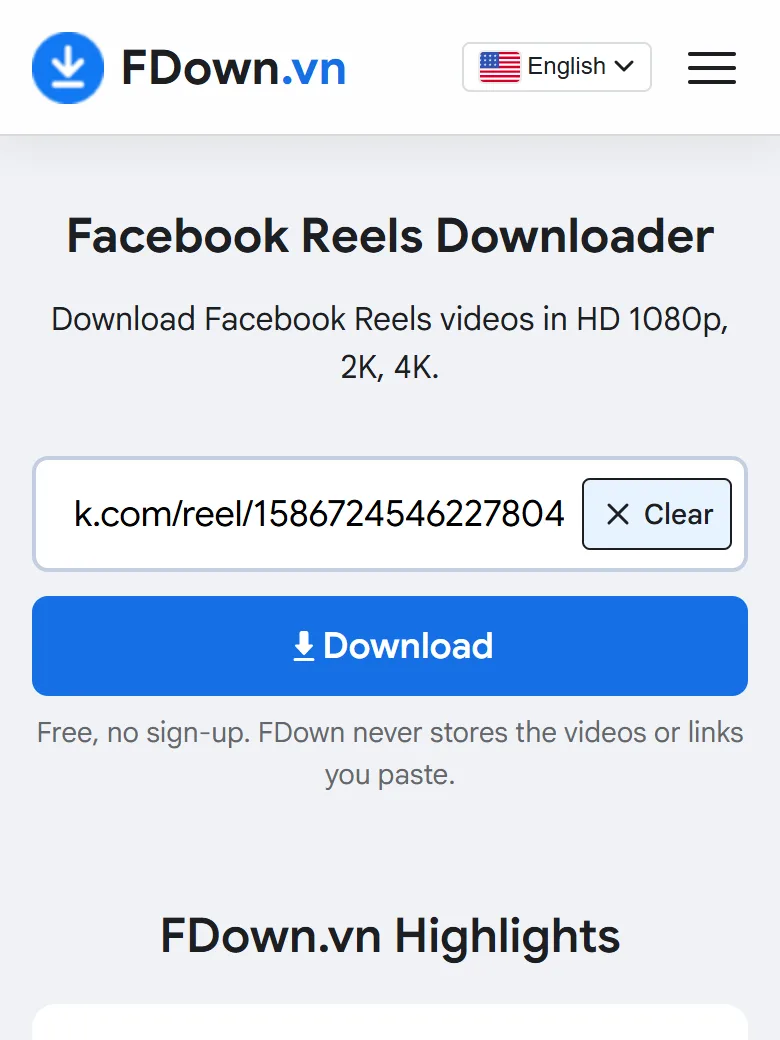 A Facebook Reel link pasted into the Reels downloader box on a phone, with the Download button below