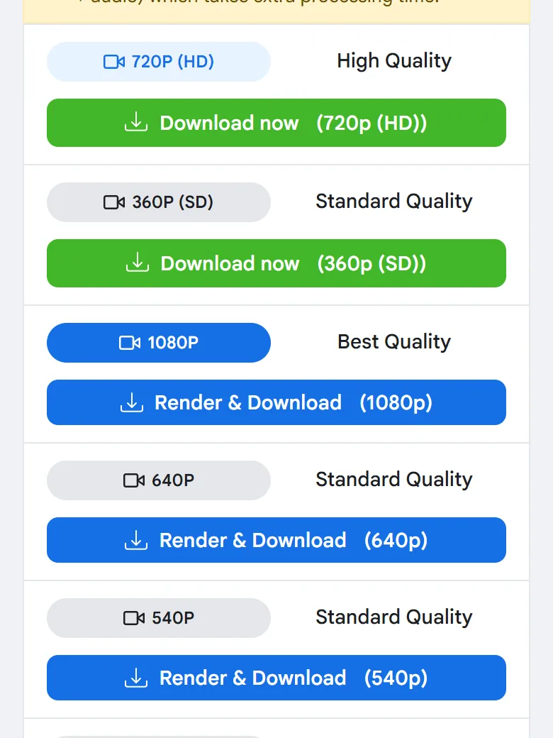 Quality list for a Facebook Reel with Download now for 720p and 360p and Render & Download for 1080p