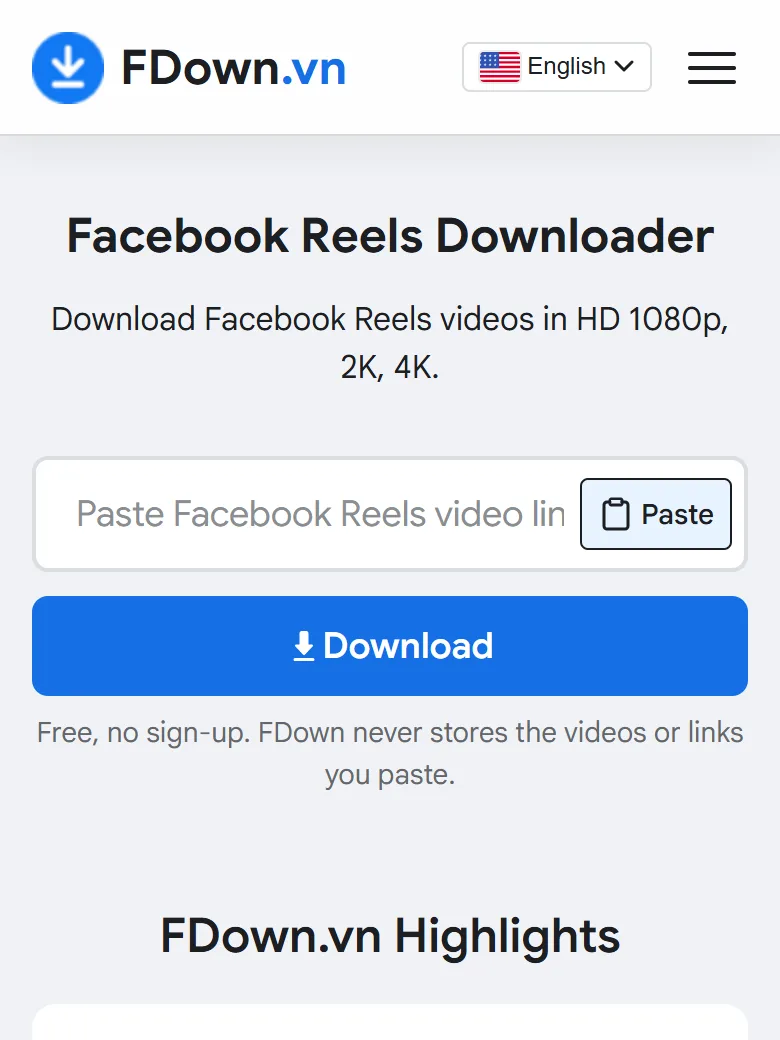 Facebook Reels downloader page on a phone browser with the link box and the free, no sign-up note