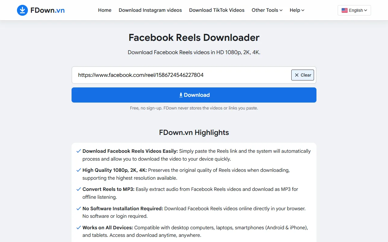 Facebook Reels downloader on a computer with a reel link pasted into the box and the Download button