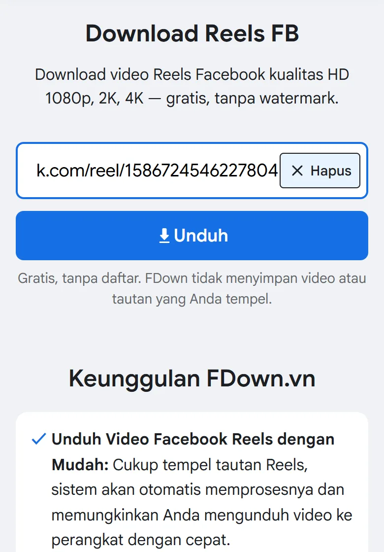 Tautan Reels FB sudah ditempel di kolom input halaman download Reels FDown di HP