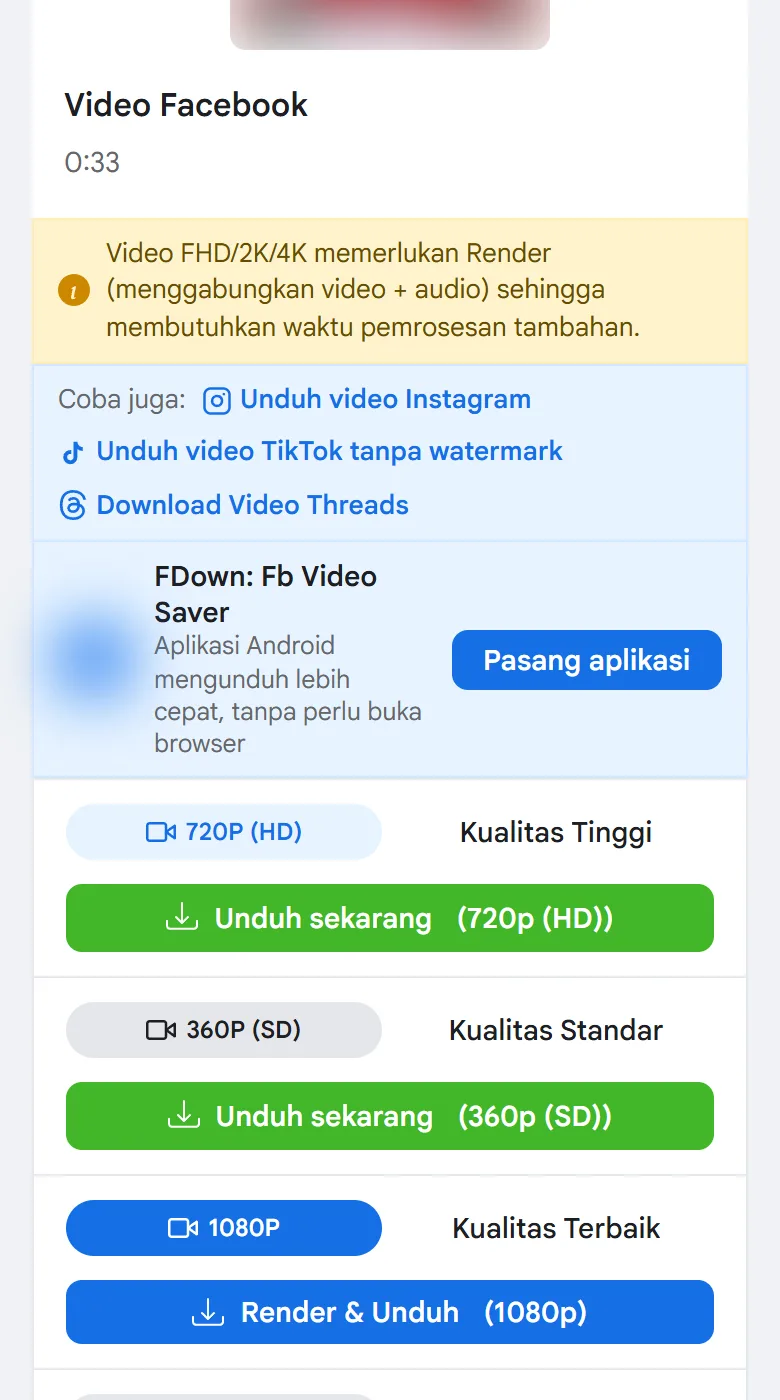 Daftar kualitas Reels FB di HP dengan tombol Unduh sekarang untuk 720P dan Render & Unduh untuk 1080P