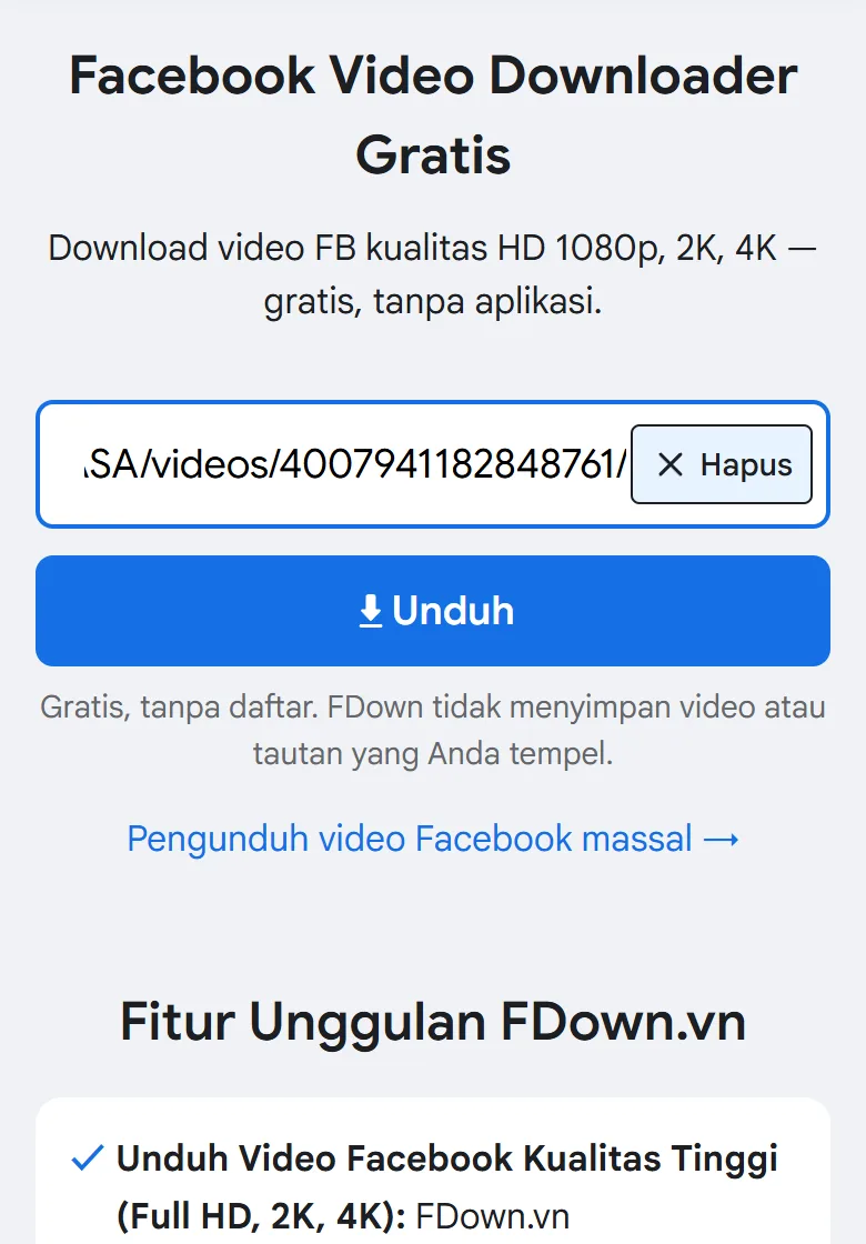 Tautan video FB Lite sudah ditempel di kolom FDown.vn dengan tombol Unduh di HP
