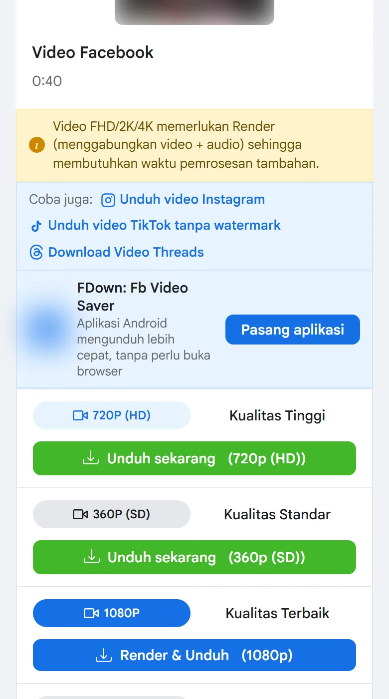 Daftar kualitas video FB Lite di FDown.vn dengan tombol Unduh sekarang dan Render & Unduh