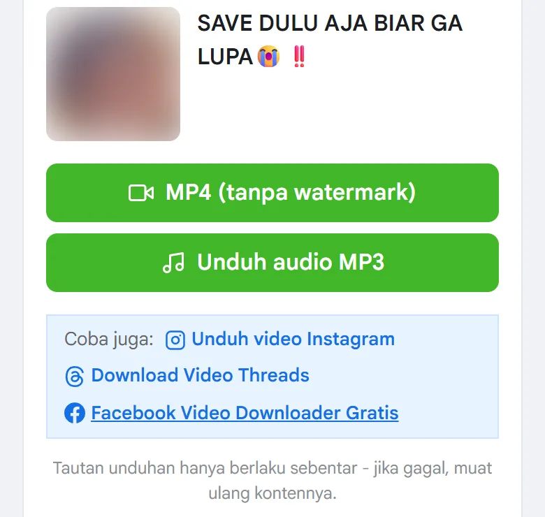 Hasil di FDown dengan tombol MP4 HD tanpa watermark dan Unduh audio MP3 di HP
