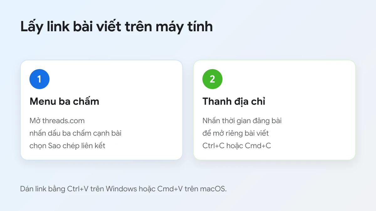 Lấy link bài viết Threads trên máy tính bằng menu ba chấm hoặc thanh địa chỉ trình duyệt