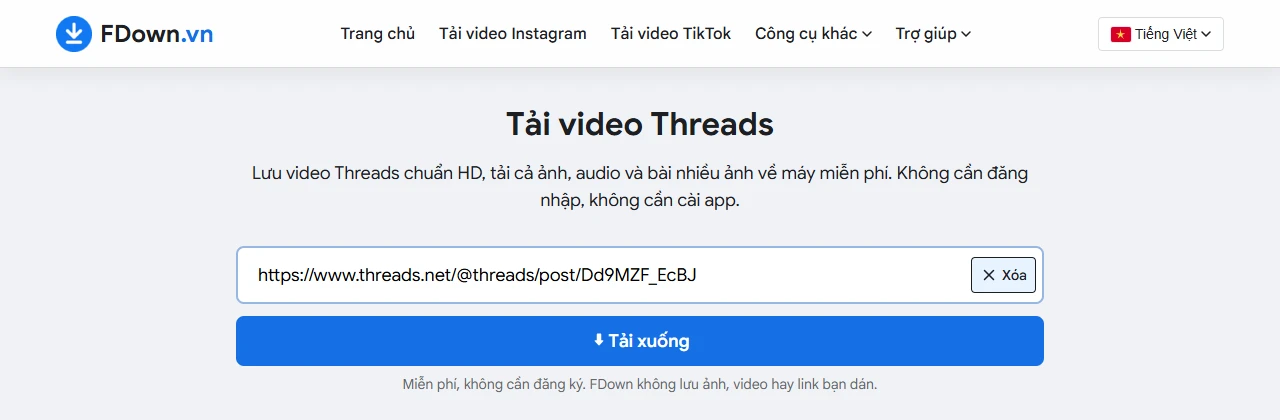 Link bài viết Threads dạng threads.net dán vào ô tải của FDown.vn trên máy tính