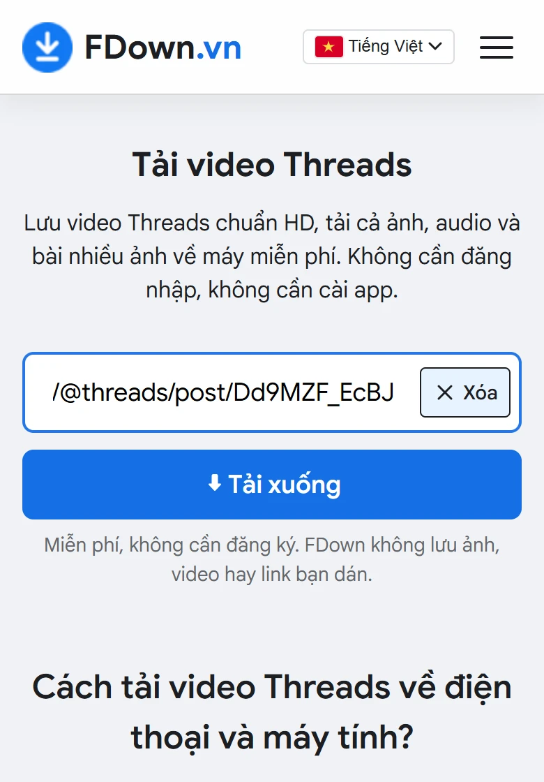 Link bài viết Threads đã dán vào ô tải của FDown.vn trên điện thoại trước khi nhấn Tải xuống