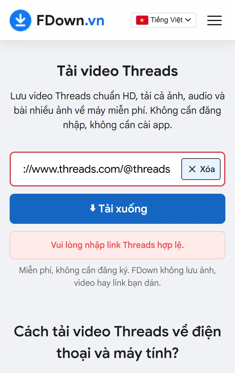 Thông báo Vui lòng nhập link Threads hợp lệ khi dán link trang cá nhân Threads vào FDown.vn