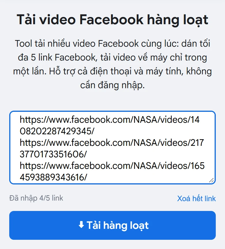 Bốn link video Facebook đã dán vào ô nhập trên điện thoại, bộ đếm hiện Đã nhập 4/5 link