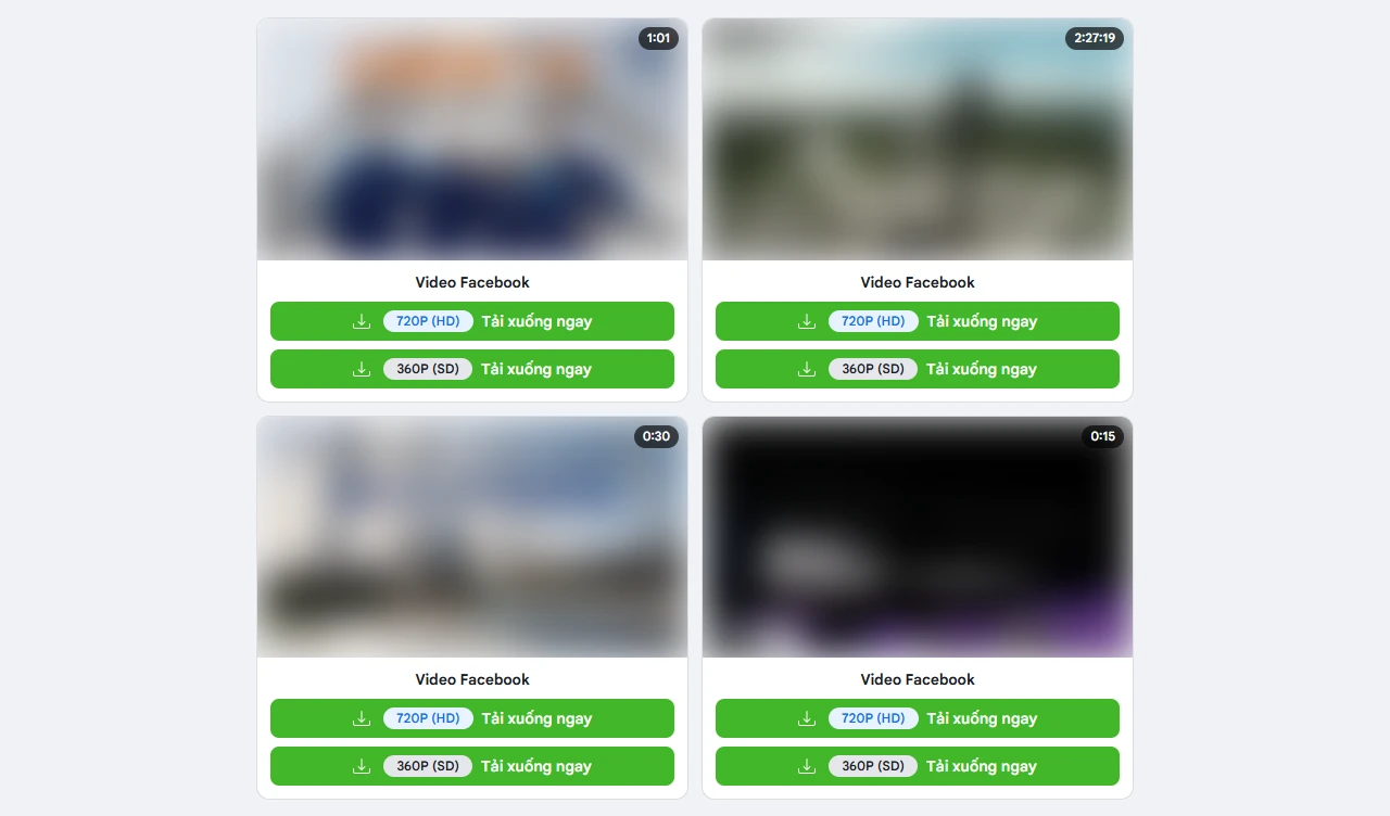 Lưới kết quả tải nhiều video Facebook cùng lúc trên máy tính, mỗi video có nút Tải xuống ngay