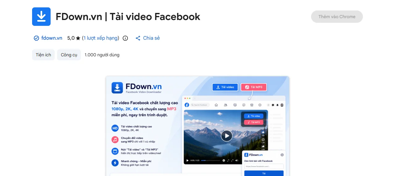 Trang tiện ích FDown.vn Tải video Facebook trên Cửa hàng Chrome trực tuyến với nút Thêm vào Chrome