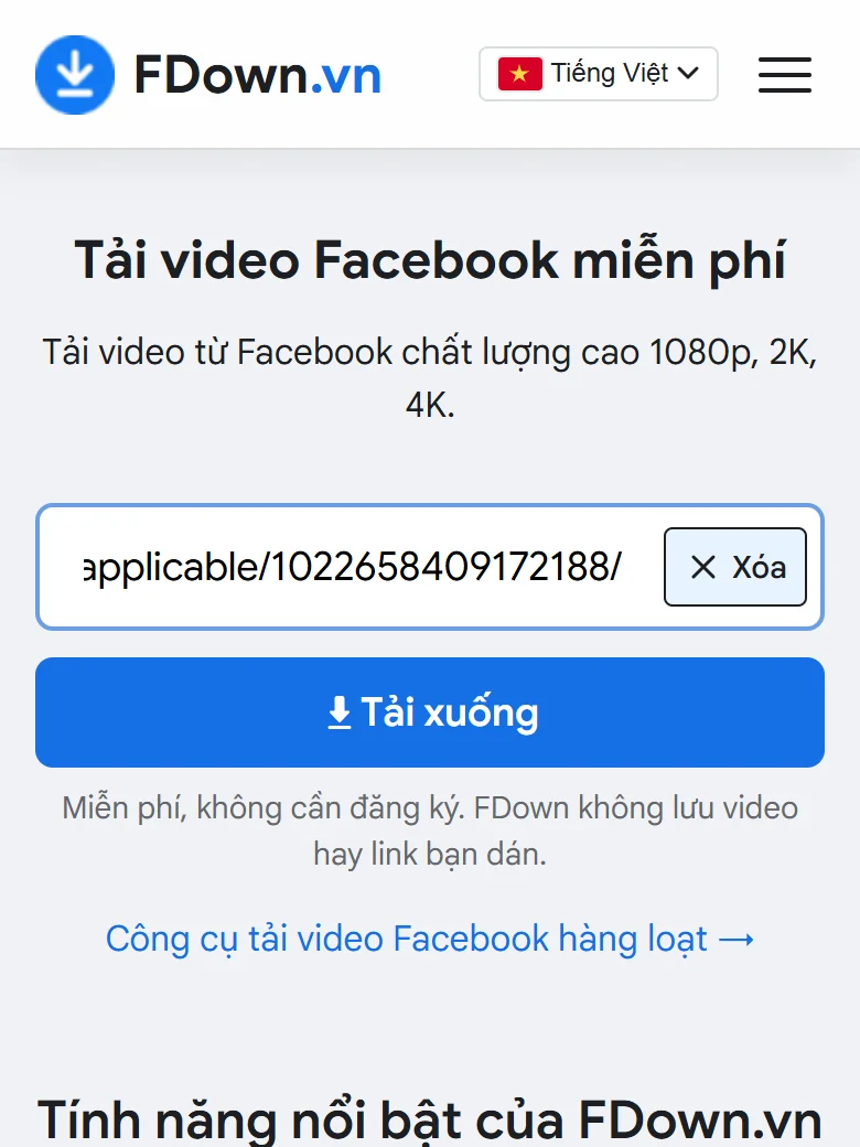 Link video Facebook đã dán vào ô tải của FDown.vn trên điện thoại trước khi nhấn Tải xuống