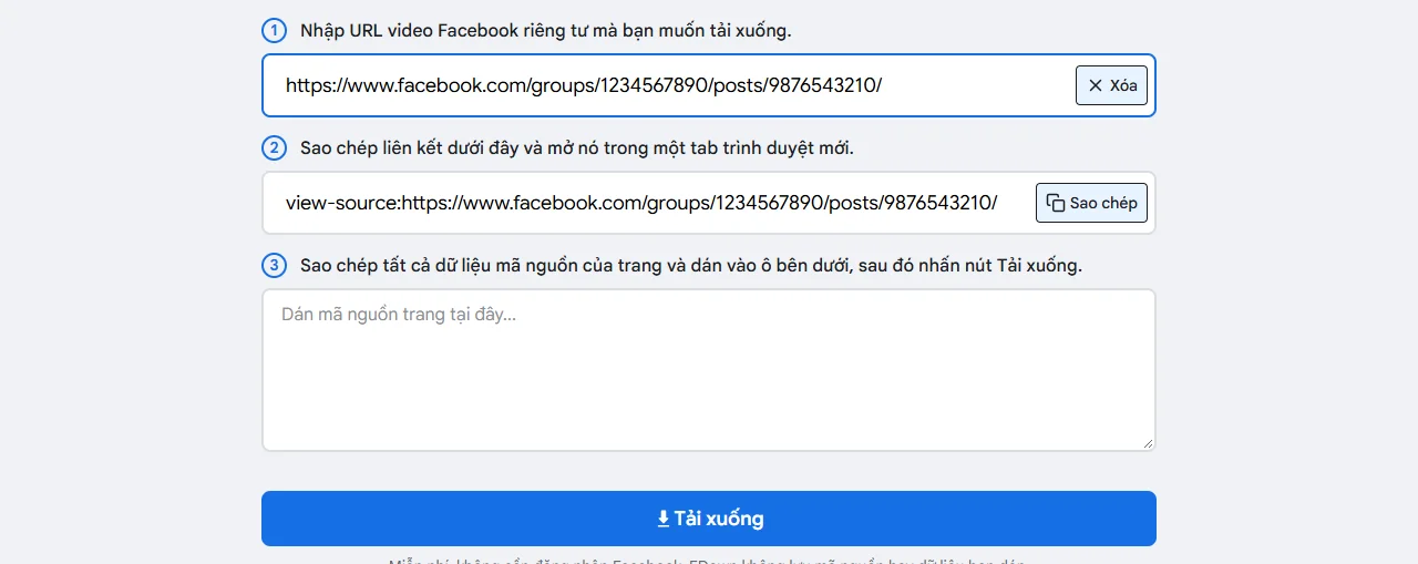 3 bước trên trang tải video Facebook riêng tư: dán link, mở link view-source, dán mã nguồn