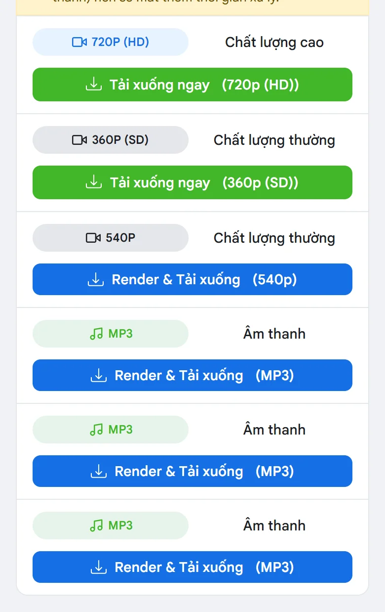 Danh sách chất lượng của một video fanpage Facebook trên điện thoại với nút Tải xuống ngay và Render & Tải xuống
