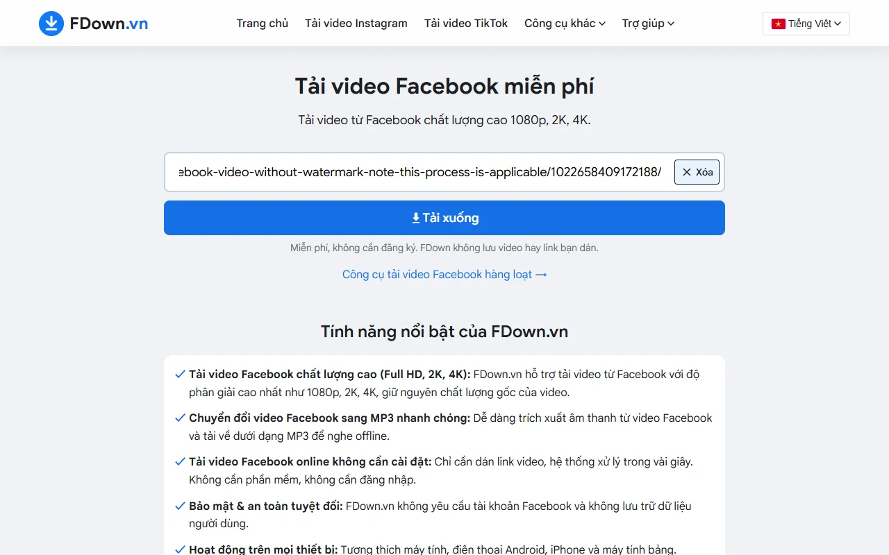 Link video Facebook đã dán vào ô tải của FDown.vn trên trình duyệt máy tính