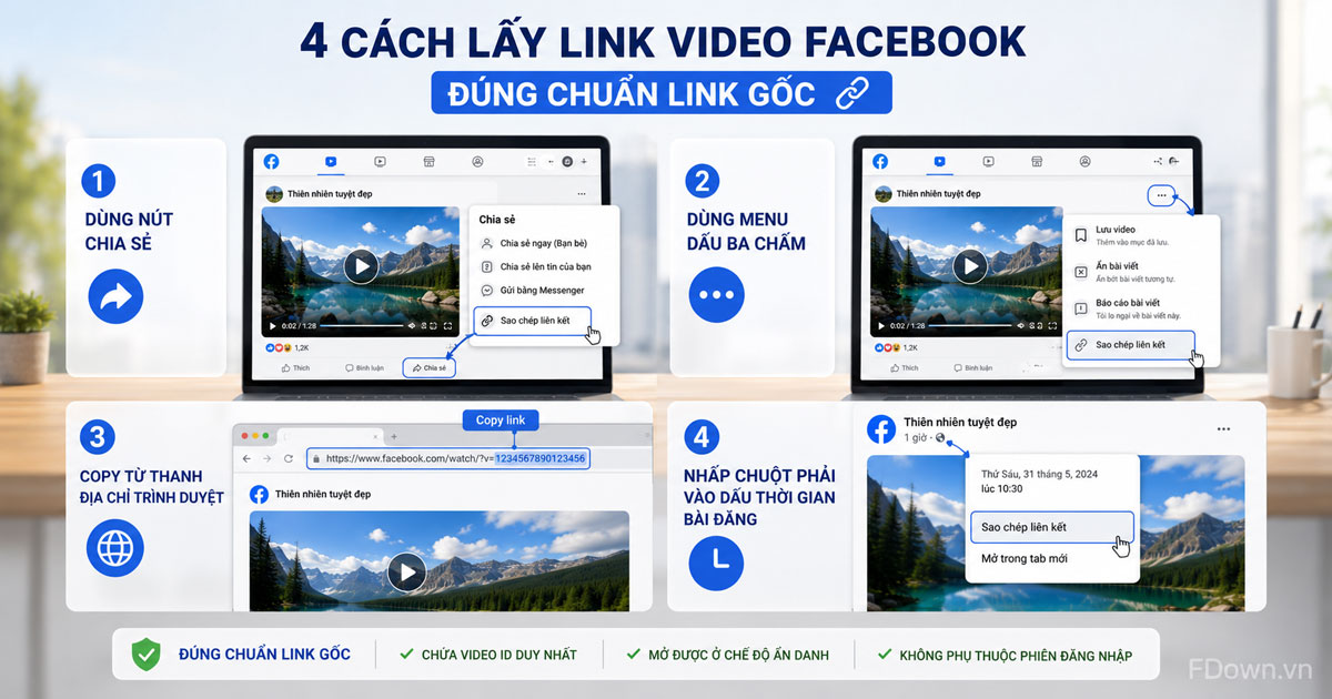 Ảnh minh họa bốn vị trí thao tác lấy link video trên giao diện Facebook