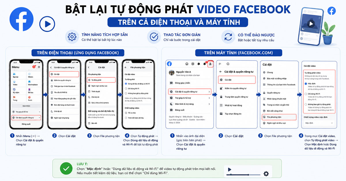 Bật lại tự động phát video Facebook trên điện thoại và máy tính