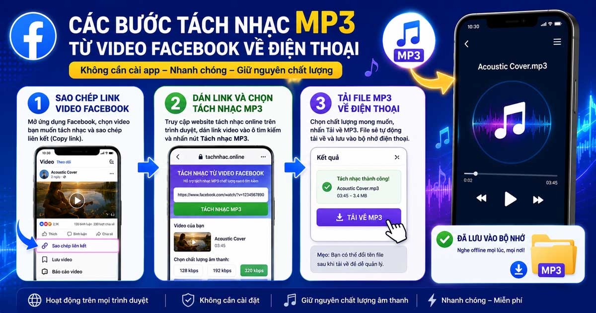 Các bước tách nhạc MP3 từ video Facebook về điện thoại Cách tải âm thanh Facebook về điện thoại không cần cài app gồm những bước nào