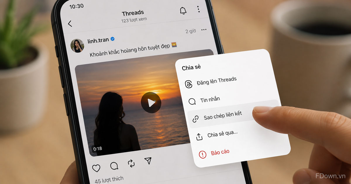 Giao diện ứng dụng Threads hiển thị nút chia sẻ để sao chép liên kết video