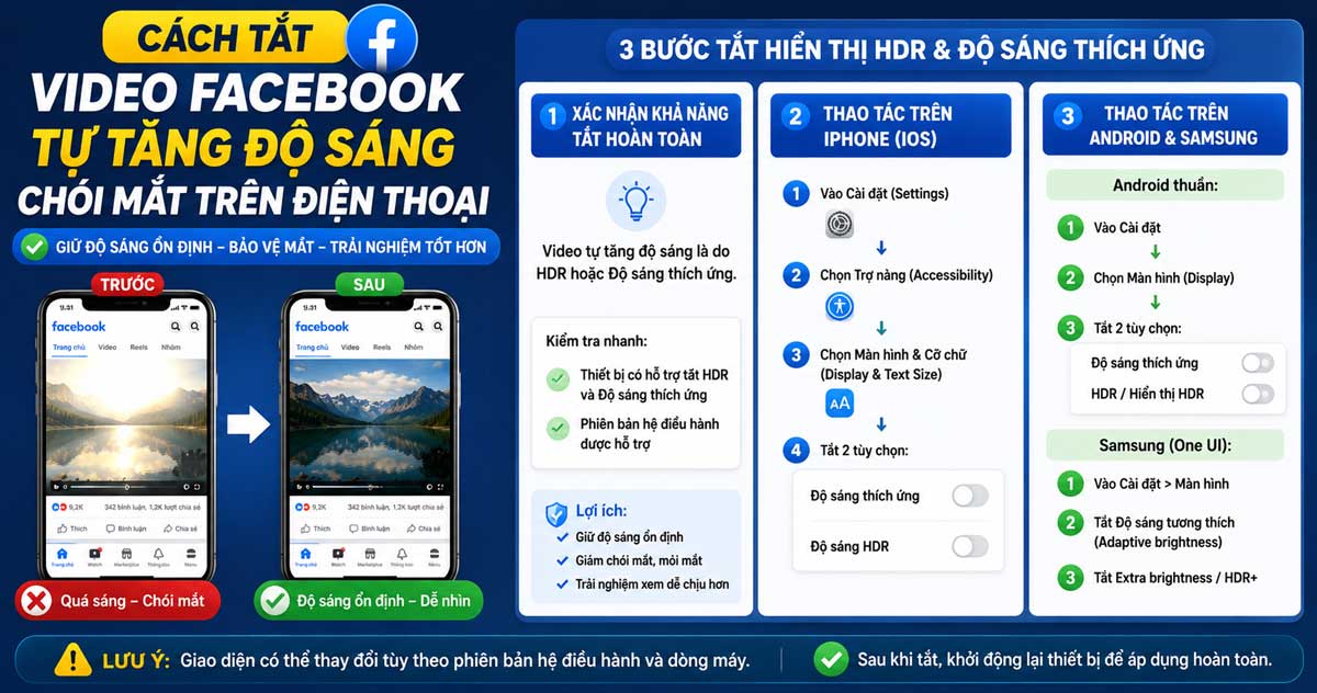 Cách tắt video Facebook tự tăng độ sáng chói mắt trên điện thoại