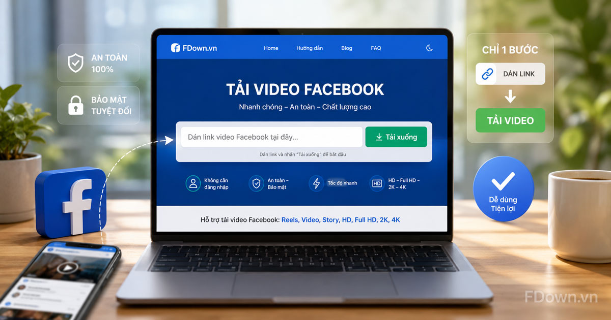 Minh họa giao diện công cụ tải video Facebook an toàn chỉ yêu cầu dán link