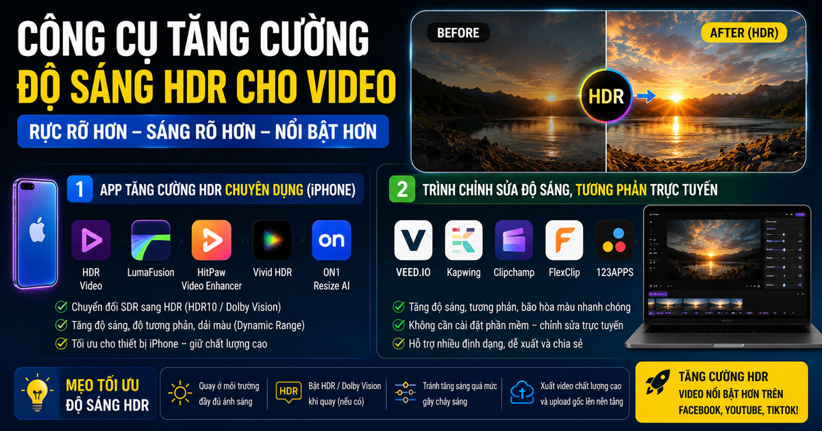 Ứng dụng tăng cường HDR và trình chỉnh sửa độ sáng video Công cụ tăng cường độ sáng HDR cho video