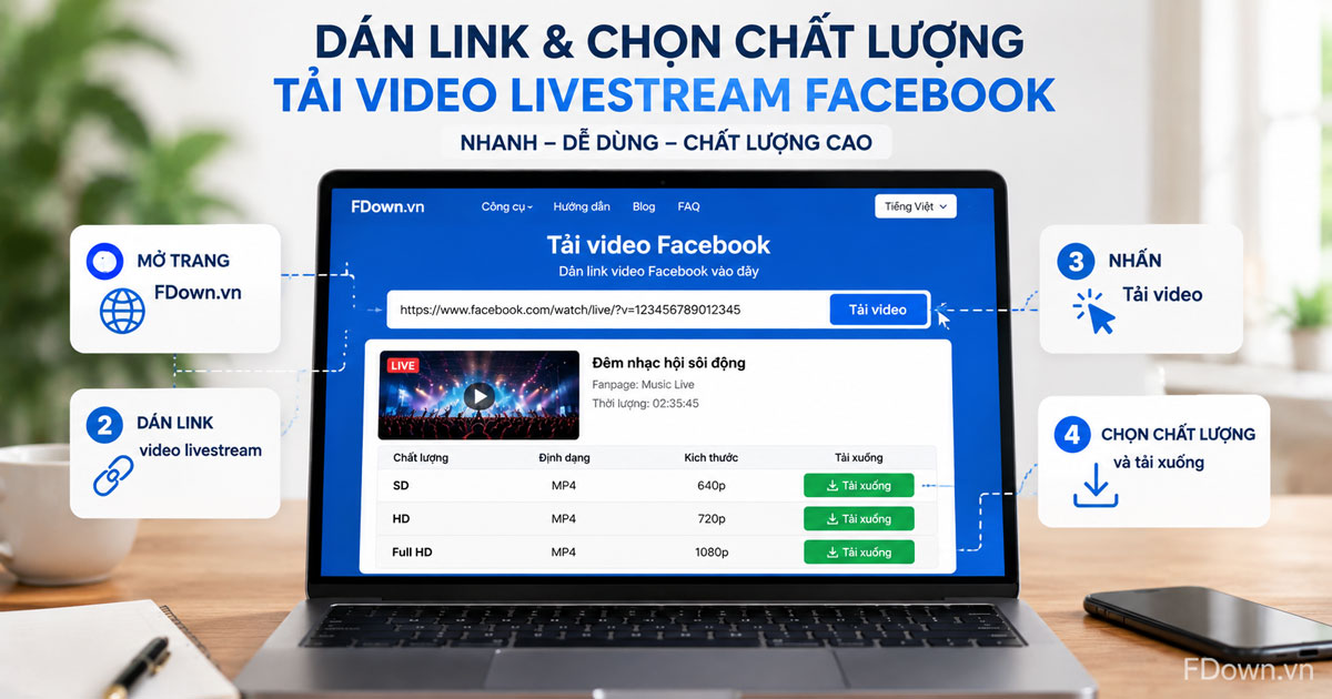 Giao diện dán link và chọn chất lượng tải video livestream Facebook