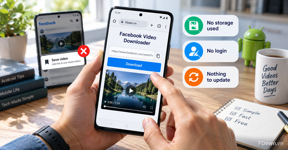 A Facebook video download page open in Chrome on an Android phone