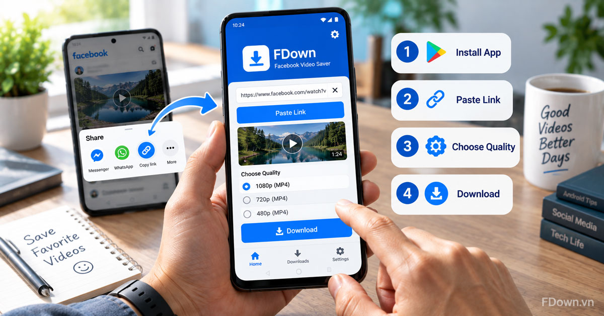 Pasting a Facebook video link into the FDown app on Android