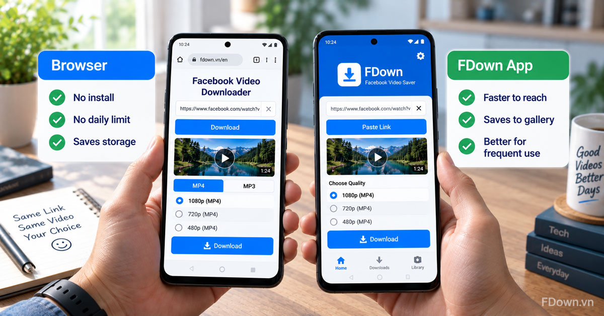 The browser method and the FDown app side by side on Android