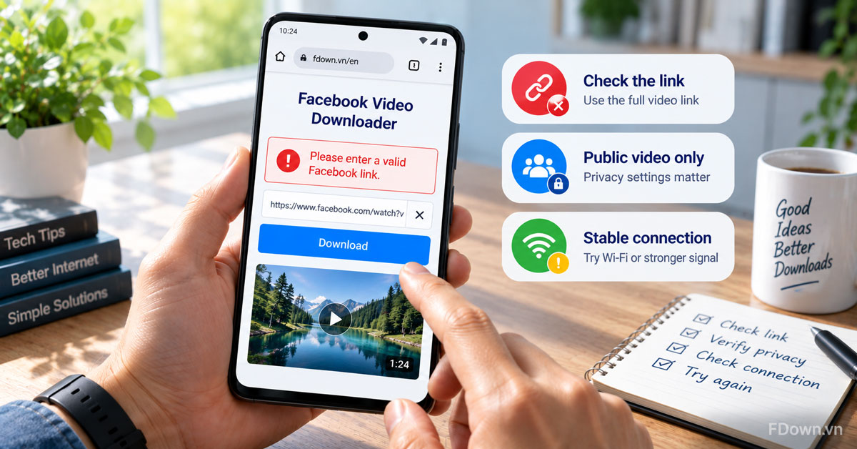 An invalid link message when downloading a Facebook video on Android