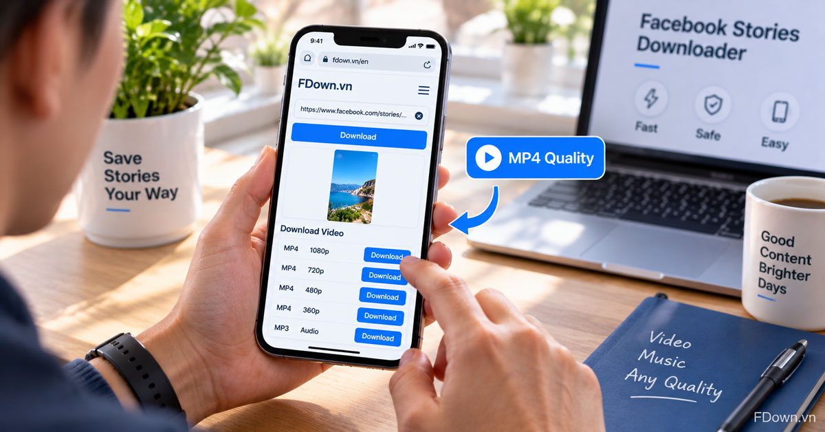 MP4 quality options after pasting a public Facebook story link