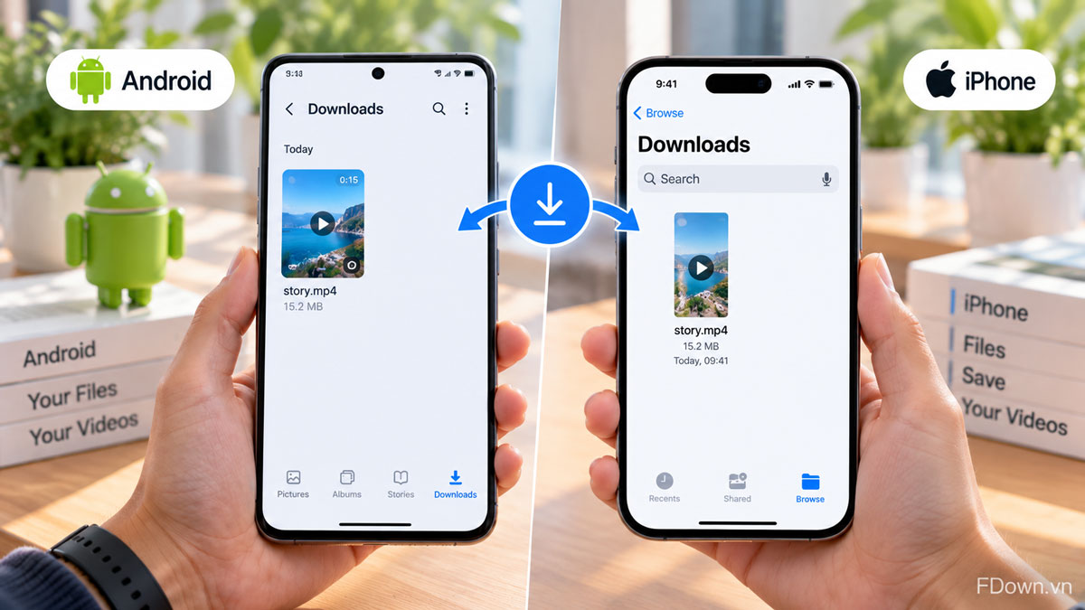 A downloaded Facebook story in the Android Download folder and the iPhone Files app