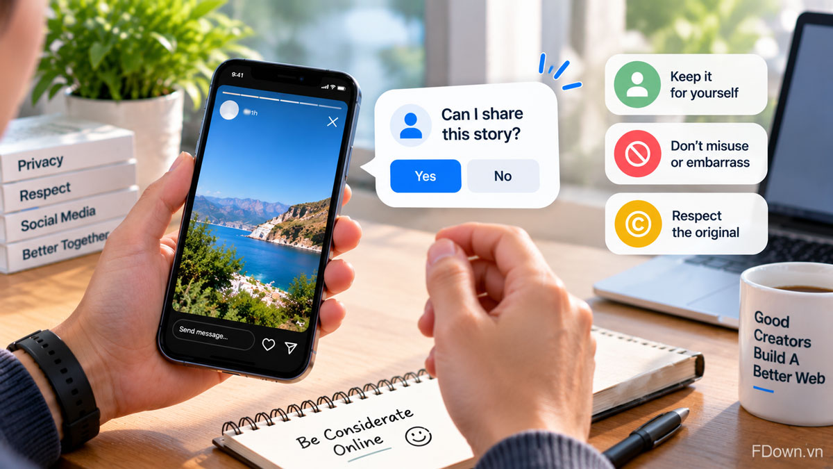 Illustration of asking permission before sharing a downloaded Facebook story