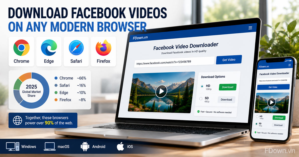 Chrome, Edge, Safari and Firefox logos with a Facebook video download