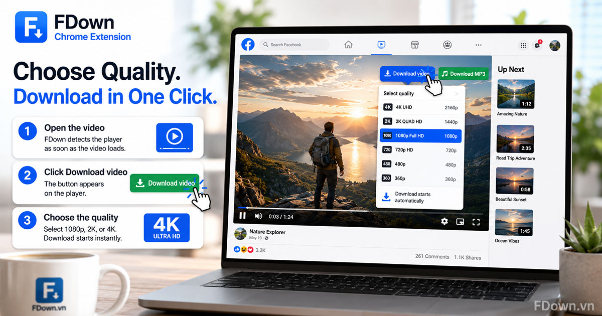 Choosing 1080p, 2K, or 4K quality in the FDown download menu