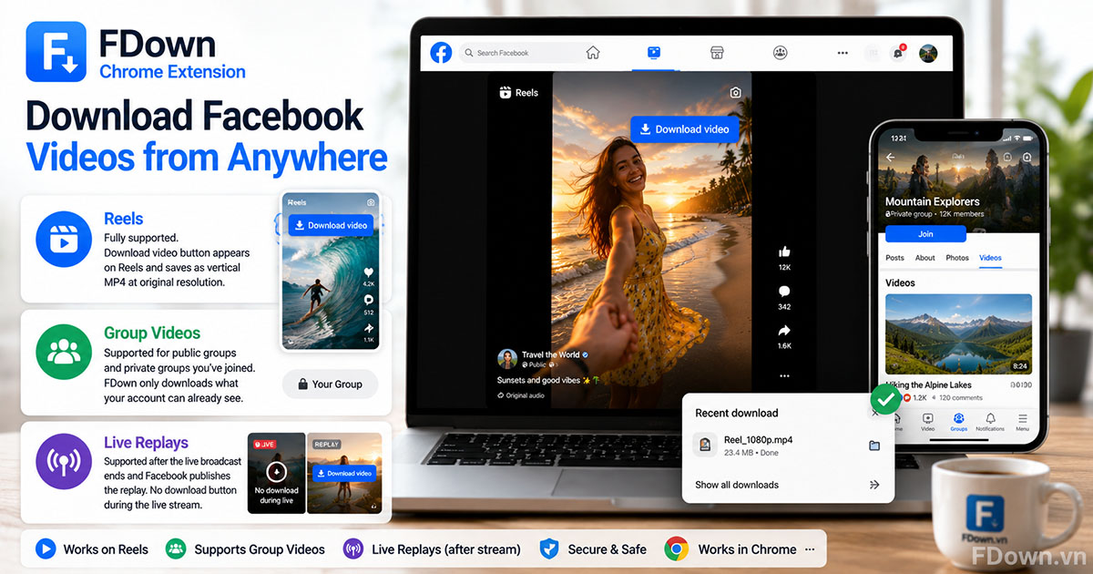 FDown Download video button on a Facebook Reel