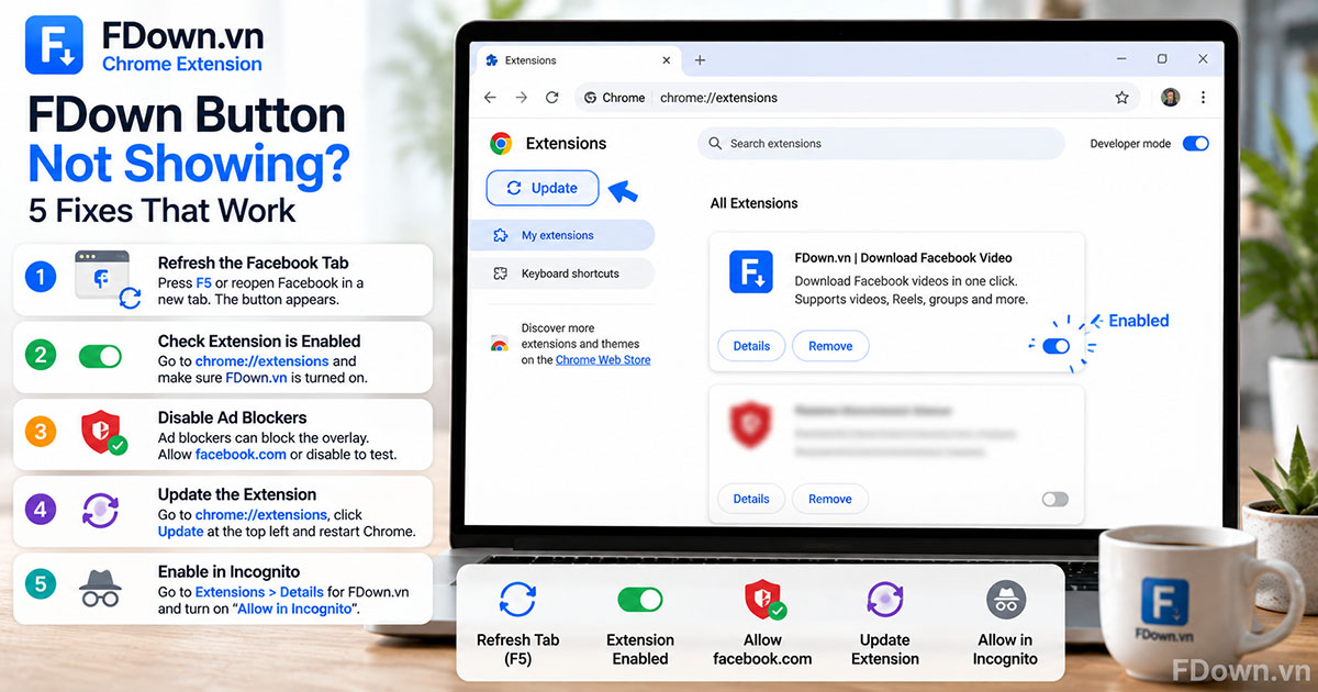 Chrome extensions page showing FDown.vn enabled