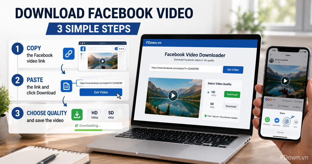 Three step process: copy the Facebook link, paste it, click download