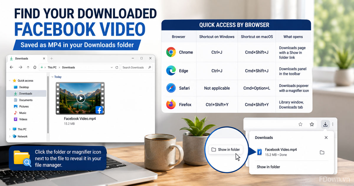 Downloads folder showing a saved Facebook video MP4 file