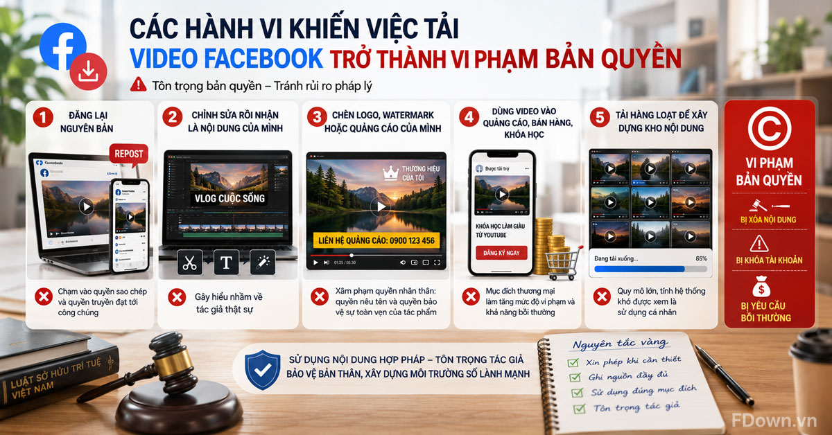 Các hành vi khiến việc tải video Facebook trở thành vi phạm bản quyền