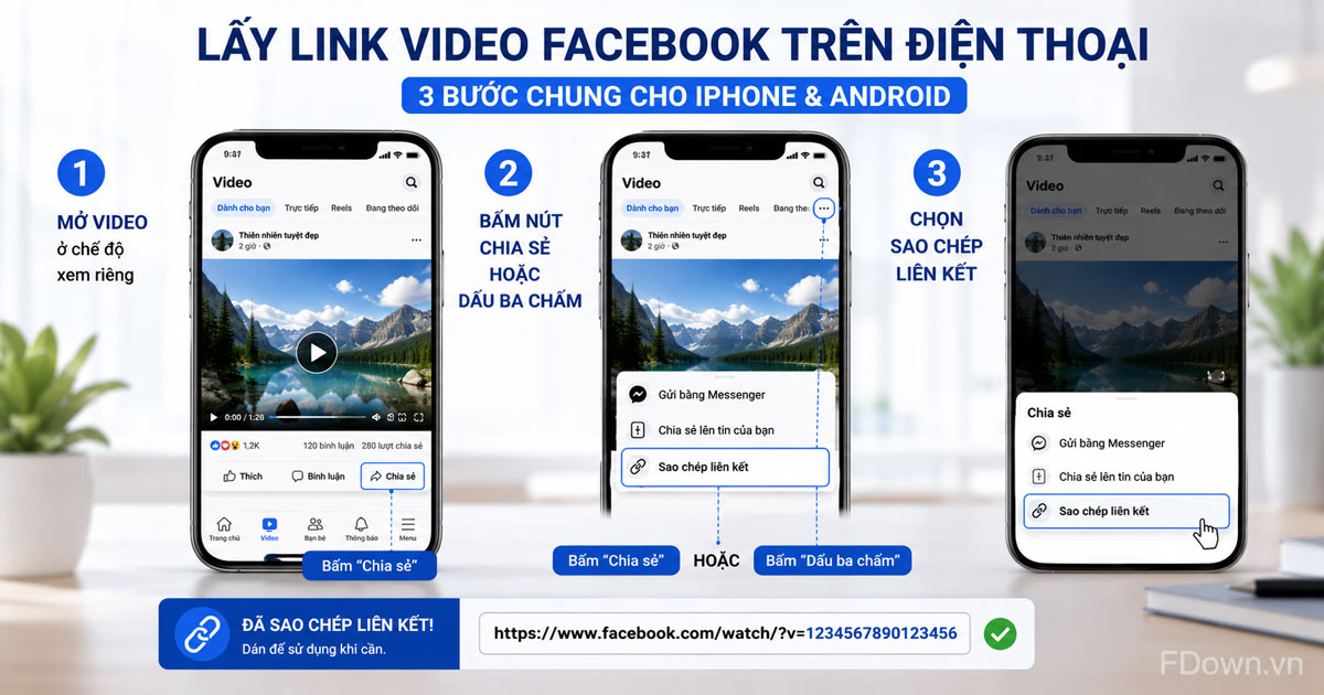 Ảnh minh họa vị trí nút Chia sẻ và dấu ba chấm trên ứng dụng Facebook di động