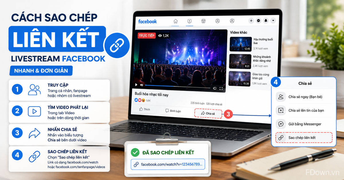 Thao tác sao chép liên kết video livestream Facebook từ nút Chia sẻ