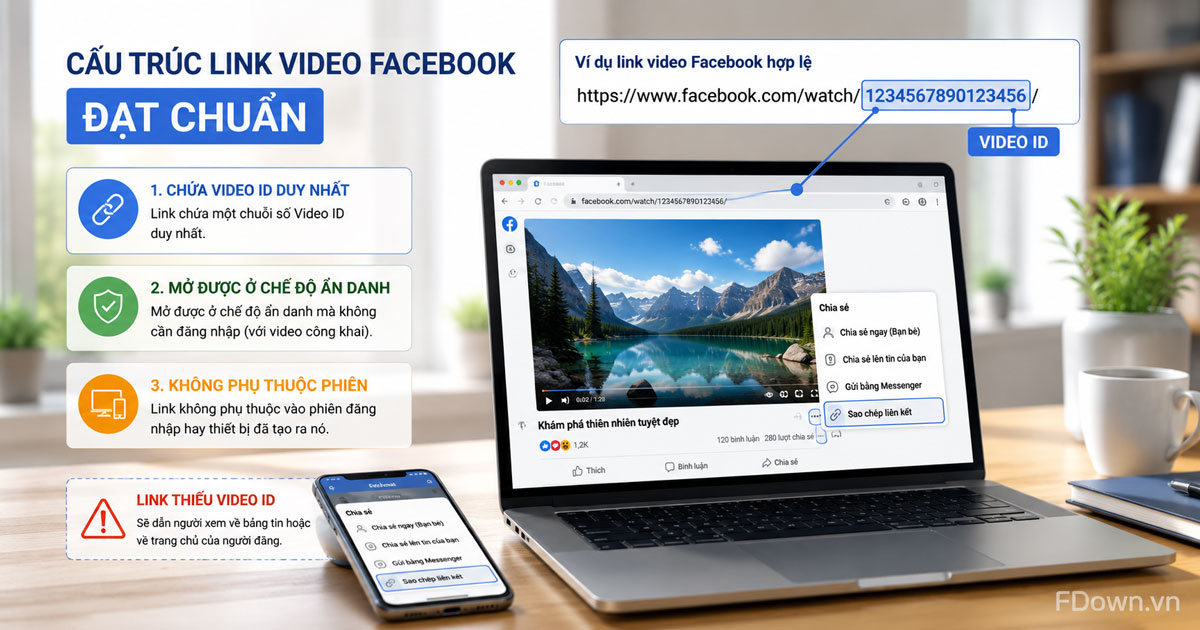 Ảnh minh họa cấu trúc một link gốc video Facebook với Video ID được tô đậm