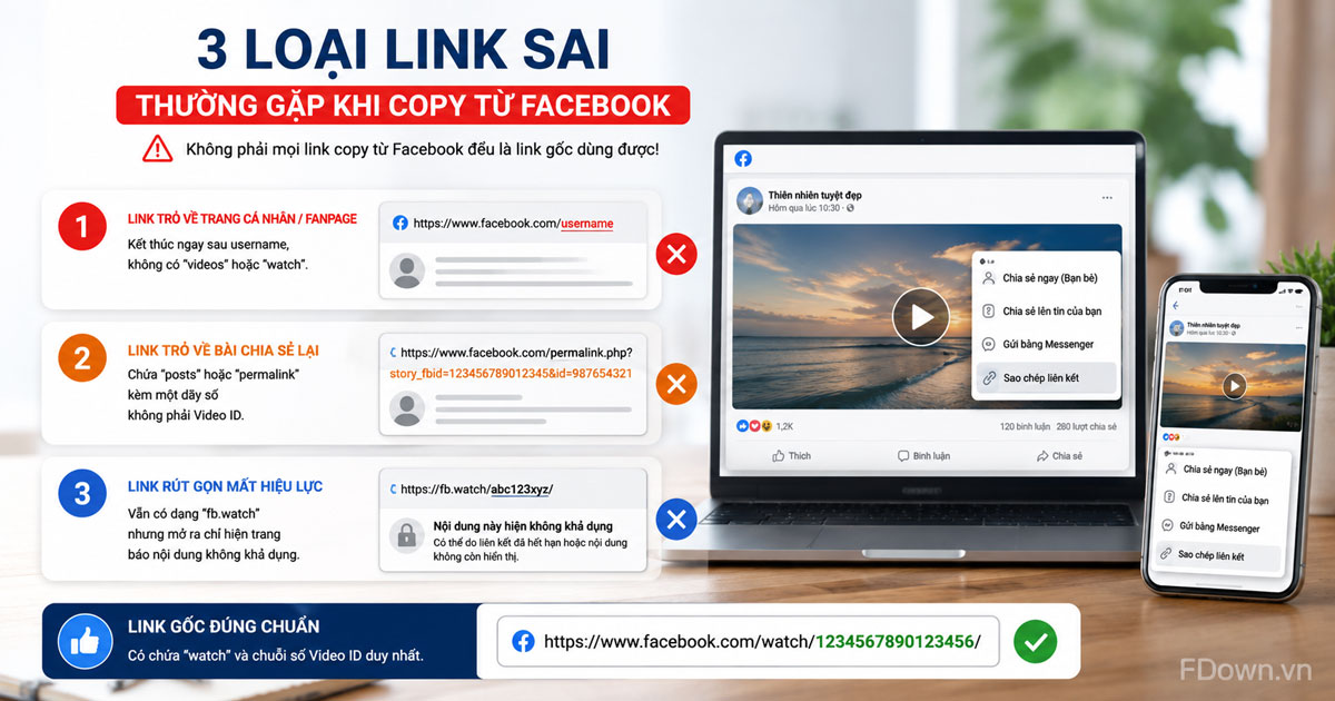 Ảnh minh họa ba loại link sai thường gặp khi copy từ Facebook